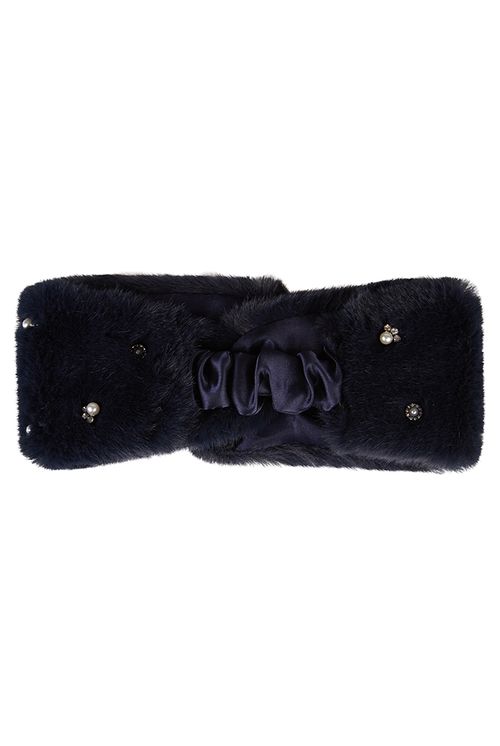 Louche Moli Fur Headband With Embellishment Navy