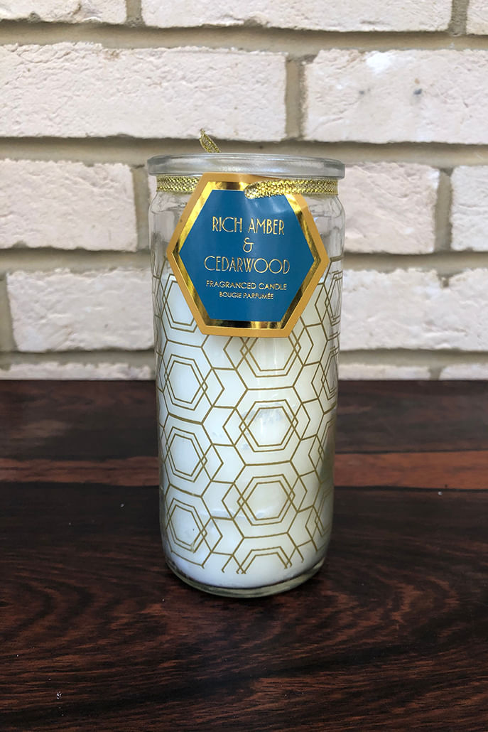 Amber And Cedarwood Geometric Printed Glass Candle