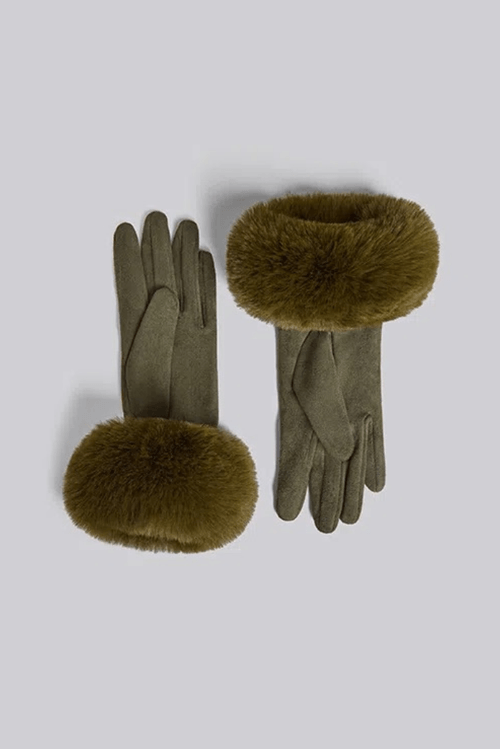 Louche Jade Faux Suede And Fur Cuffed Touch Screen Glove Green