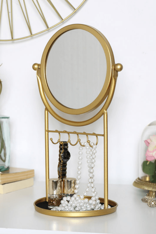 Gold Round Mirror And Jewellery Stand Multi  JB0951