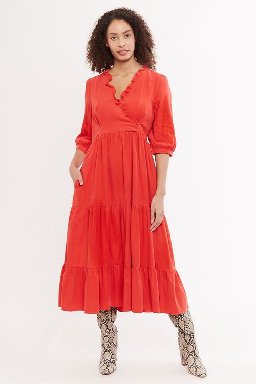 Louche Abeline Baby Cord V Neck Tiered Midi Dress Red