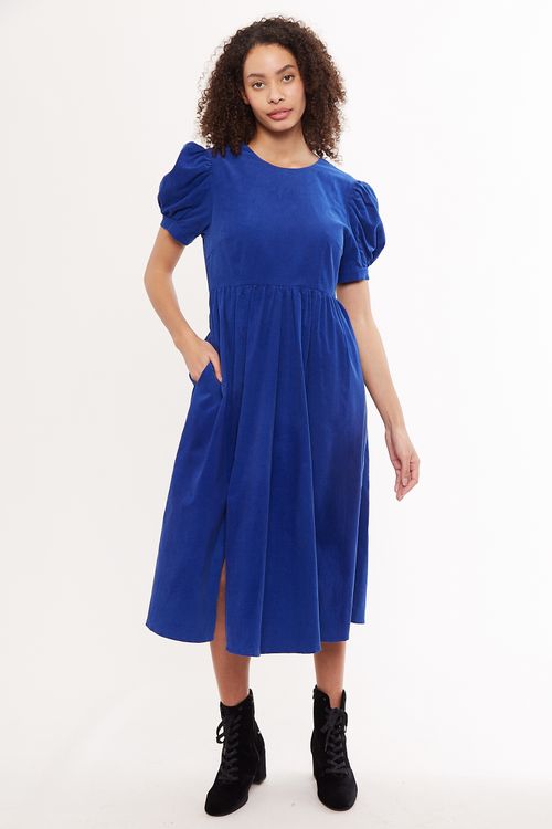Louche Stasia Blue Baby Cord Statement Sleeve Midi Dress