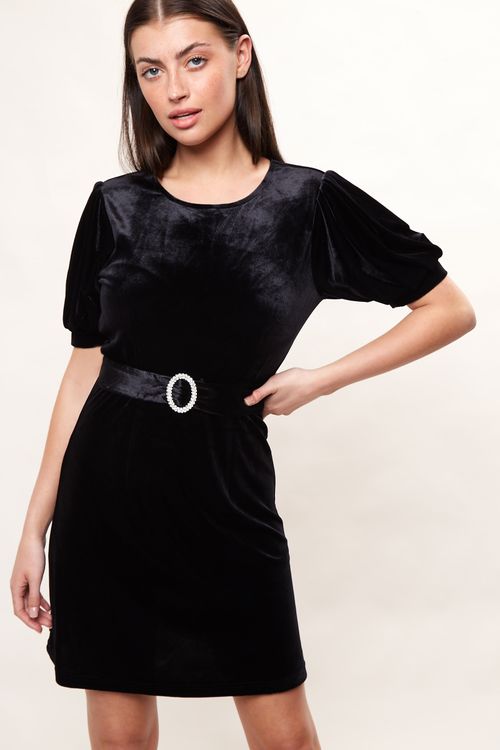 Louche Alya Velvet Diamante Buckle Mini Dress Black