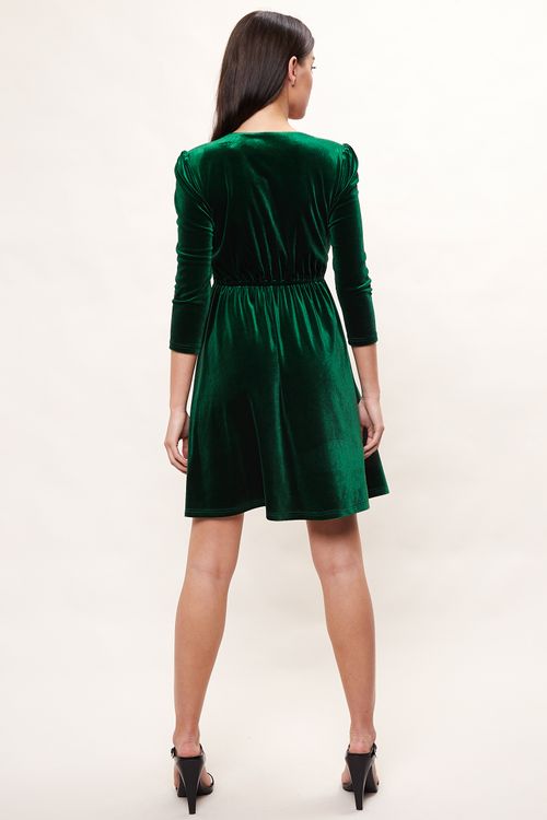 Louche Annalise Velvet V Neck Fit And Flare Mini Dress Green