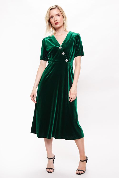 Louche Avi Velvet Diamante Button Midi Dress Green