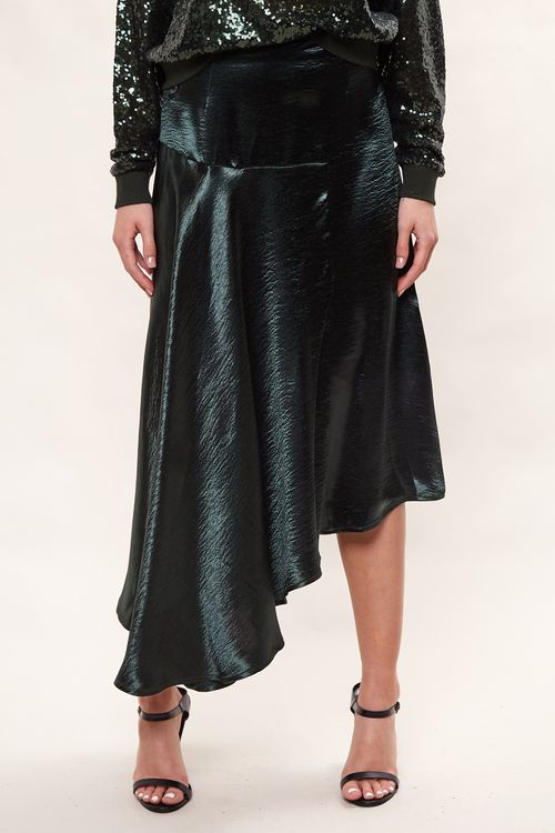 Louche Carole Satin Asymmetric Midi Skirt Green