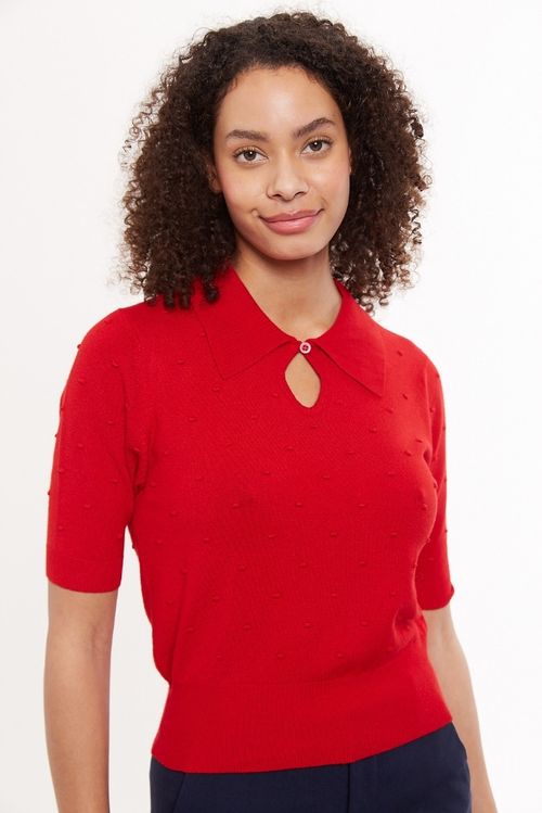 Louche Josephina Raindrops Textured Short Sleeve Collared Sweater Red