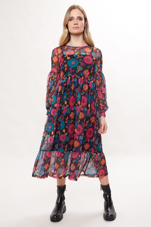 Louche Lucinda 70'S Floral Printed Mesh Tiered Midi Dress