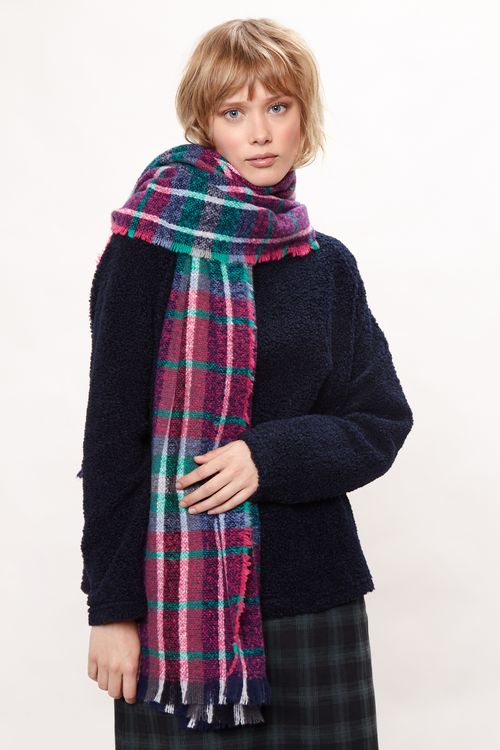 Louche Clodagh Warm Handle Checked Scarf With Fringed Edge Navy