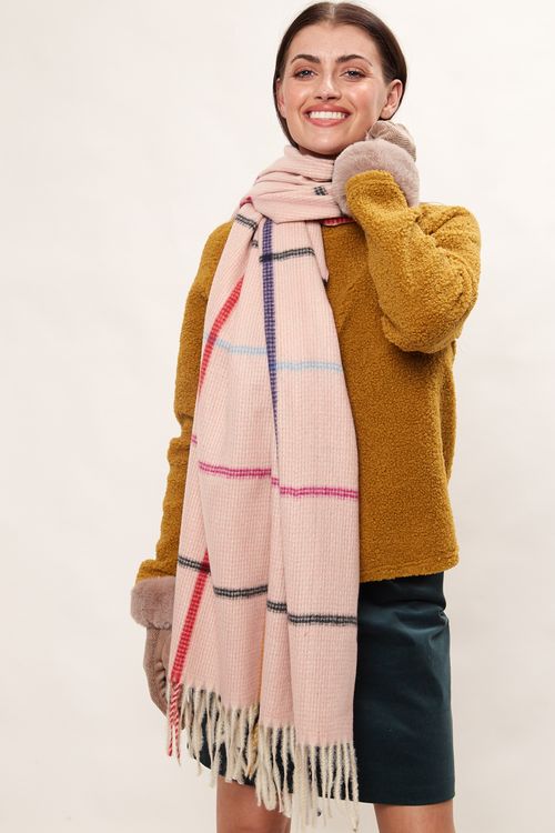 Louche Aoife Fluffy Warm Handle Woven Check Scarf With Tassels Pink