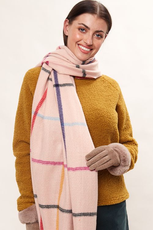 Louche Aoife Fluffy Warm Handle Woven Check Scarf With Tassels Pink