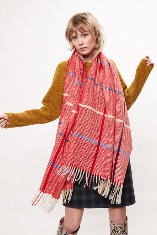 Louche Aoife Fluffy Warm Handle Woven Check Scarf With Tassels Red