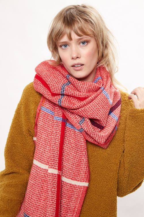 Louche Aoife Fluffy Warm Handle Woven Check Scarf With Tassels Red