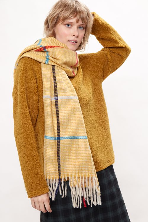 Louche Aoife Fluffy Warm Handle Woven Check Scarf With Tassels Mustard
