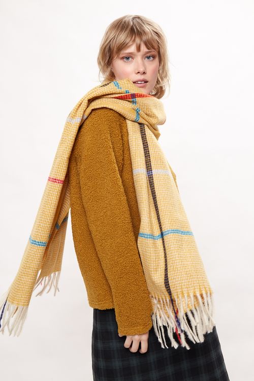 Louche Aoife Fluffy Warm Handle Woven Check Scarf With Tassels Mustard
