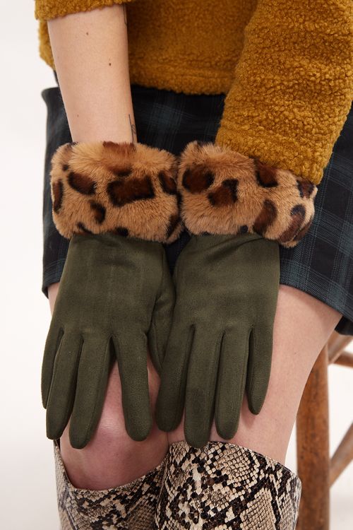 Louche Cadhla Faux Suede And Fur Cuffed Touch Screen Gloves Green