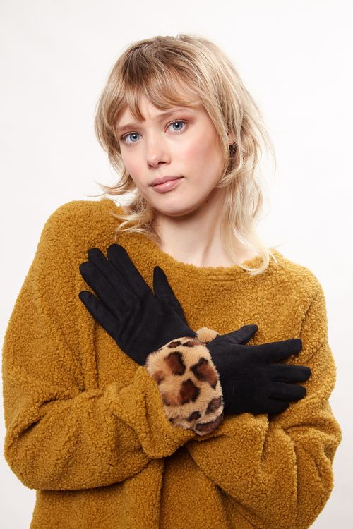 Louche Cadhla Faux Suede And Fur Cuffed Touch Screen Gloves Black