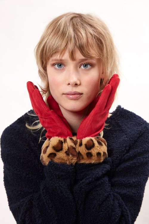 Louche Cadhla Faux Suede And Fur Cuffed Touch Screen Gloves Red