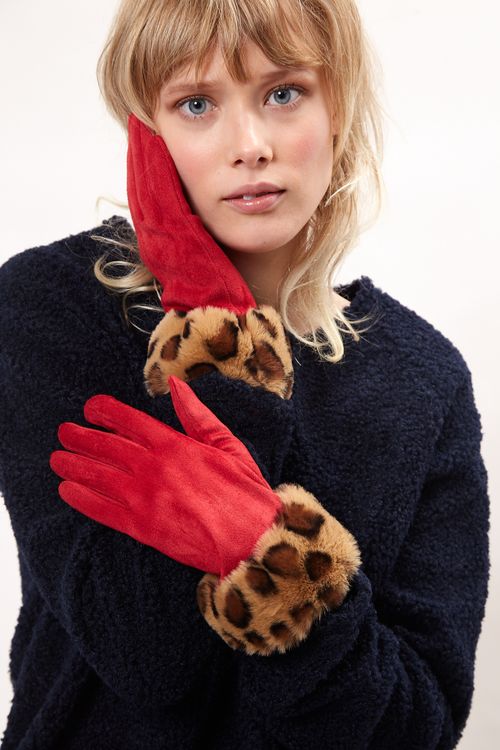 Louche Cadhla Faux Suede And Fur Cuffed Touch Screen Gloves Red