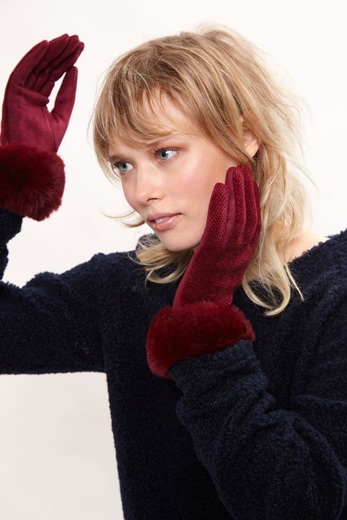 Louche Emer Faux Suede And Fur Cuffed Touch Screen Gloves Burgundy