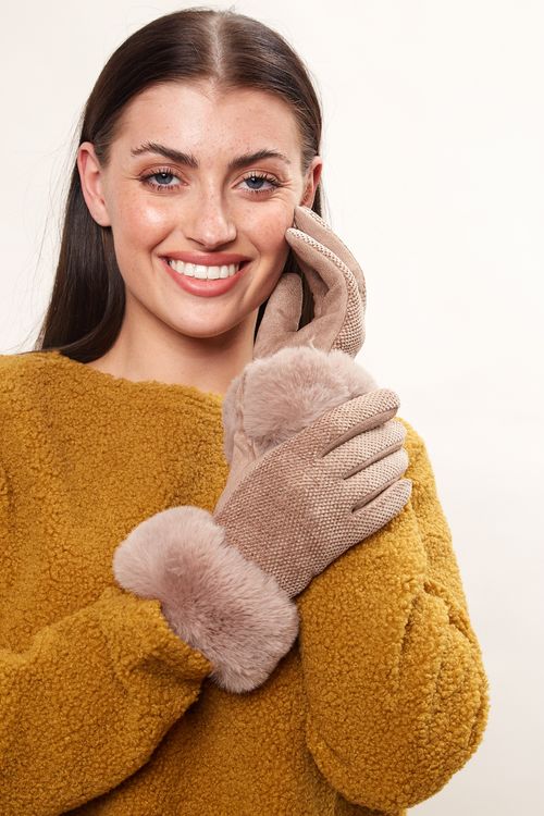Louche Emer Faux Suede And Fur Cuffed Touch Screen Gloves Stone