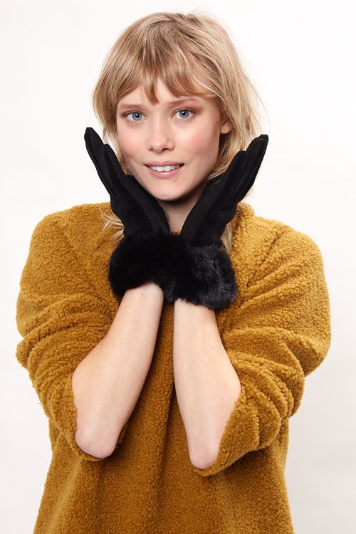 Louche Emer Faux Suede And Fur Cuffed Touch Screen Gloves Black