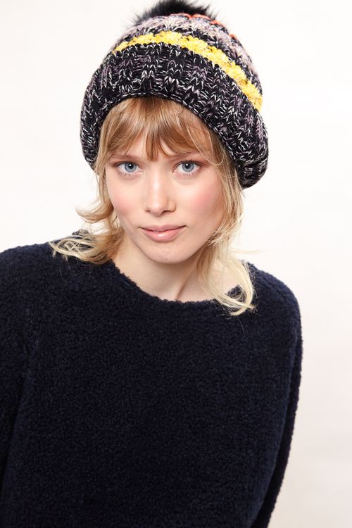 Louche Orla Striped Knitted Beanie With Faux Fur Bobble Black