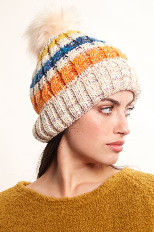 Louche Orla Striped Knitted Beanie With Faux Fur Bobble Off White