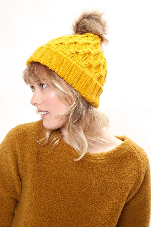 Louche Shauna Cable Knitted Beanie With Faux Fur Bobble Mustard