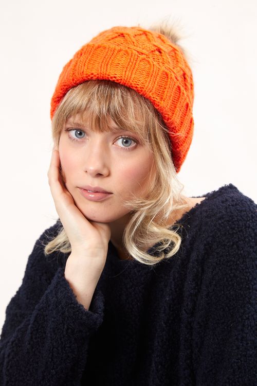 Louche Shauna Cable Knitted Beanie With Faux Fur Bobble Red