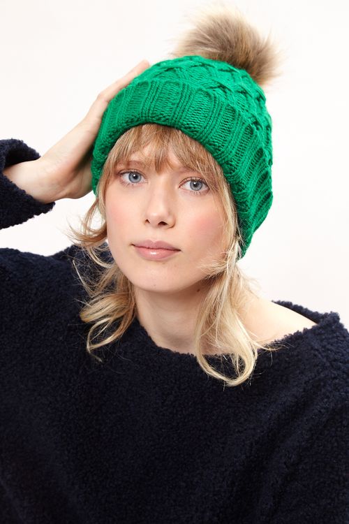 Louche Shauna Cable Knitted Beanie With Faux Fur Bobble Green