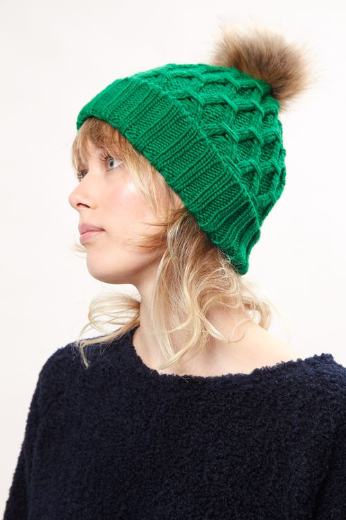 Louche Shauna Cable Knitted Beanie With Faux Fur Bobble Green