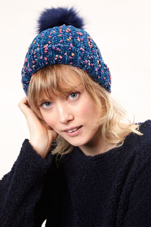 Louche Shannon Knitted Nep Beanie With Faux Fur Bobble Navy