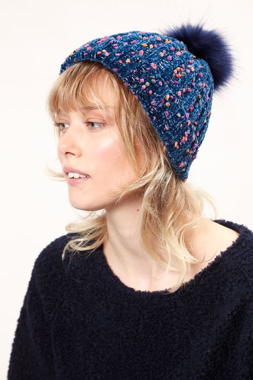 Louche Shannon Knitted Nep Beanie With Faux Fur Bobble Navy