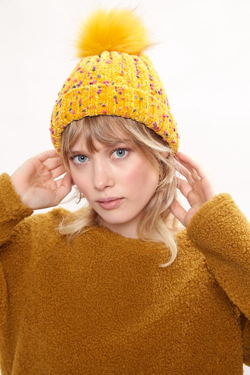 Louche Shannon Knitted Nep Beanie With Faux Fur Bobble Mustard