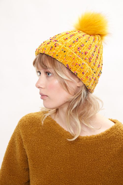 Louche Shannon Knitted Nep Beanie With Faux Fur Bobble Mustard