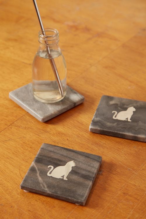 Set Of 4-Marble Coasters With Metallic Cat Design