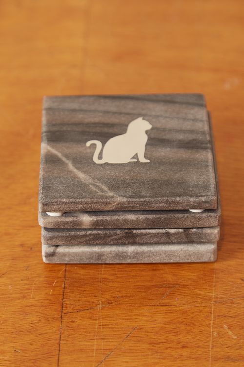 Set Of 4-Marble Coasters With Metallic Cat Design