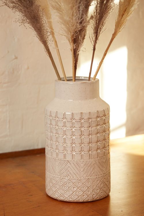Tall Kris Kross-Stripe Relief Glazed Stoneware Vase