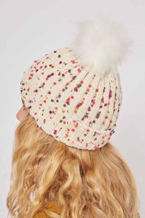 Louche Shannon Knitted Nep Beanie With Faux Fur Bobble Off White