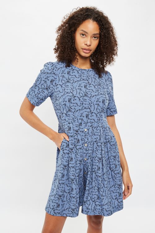 Louche Kitty Spring Floral Print Short Sleeve Mini Dress-Blue