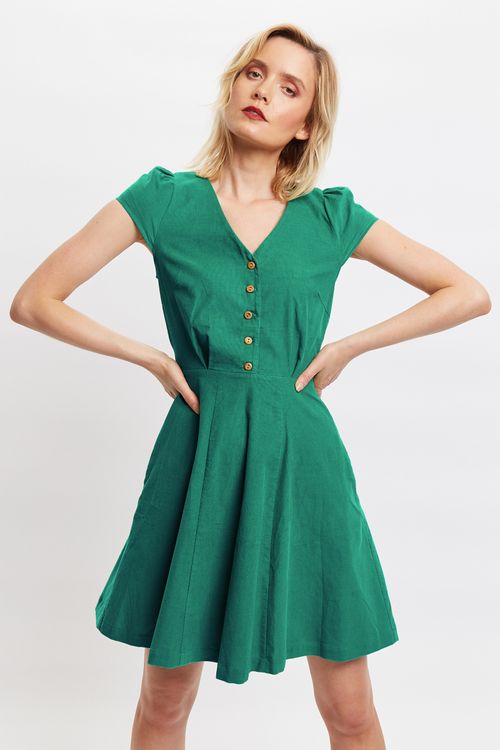 Louche Cathleen Babycord Mini Tea Dress-Green