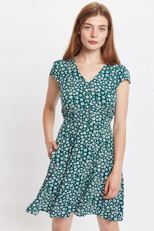 Louche Cathleen Flower Sketch Print Mini Tea Dress-Green