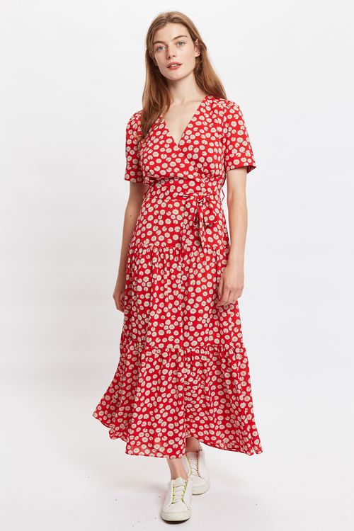 Louche Emin Daisy Dancer Print Short Sleeve Tiered Midi Dress-Red