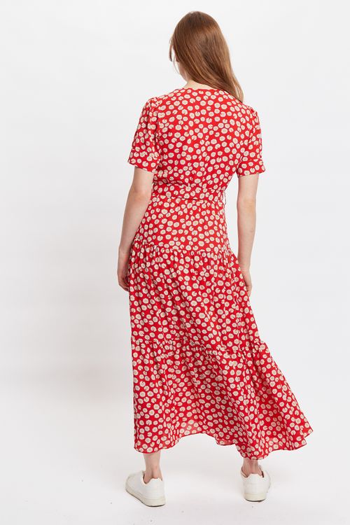 Louche Emin Daisy Dancer Print Short Sleeve Tiered Midi Dress-Red