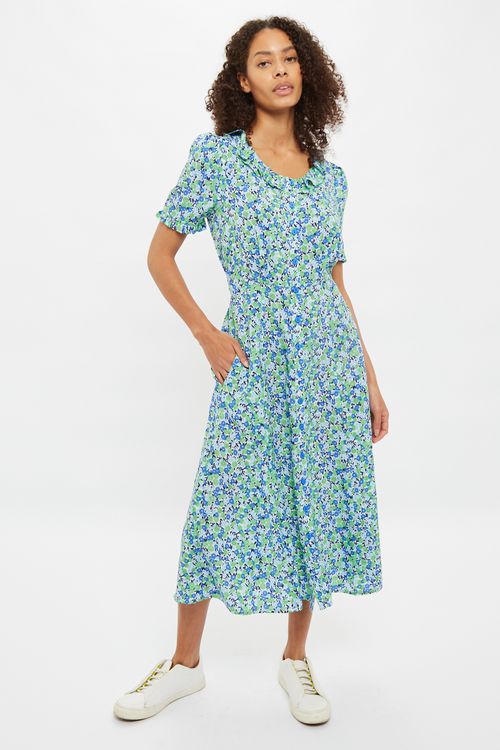 Louche Halcyon Flower Bed Print Short Sleeve Midi Dress-Green