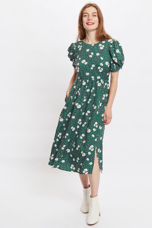 Louche Stasia Roaring Daisy Print V Back Puff Sleeve Midi Dress Green