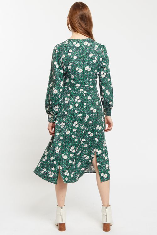 Louche Liv Roaring Daisy Print Long Sleeve Midi Dress Green