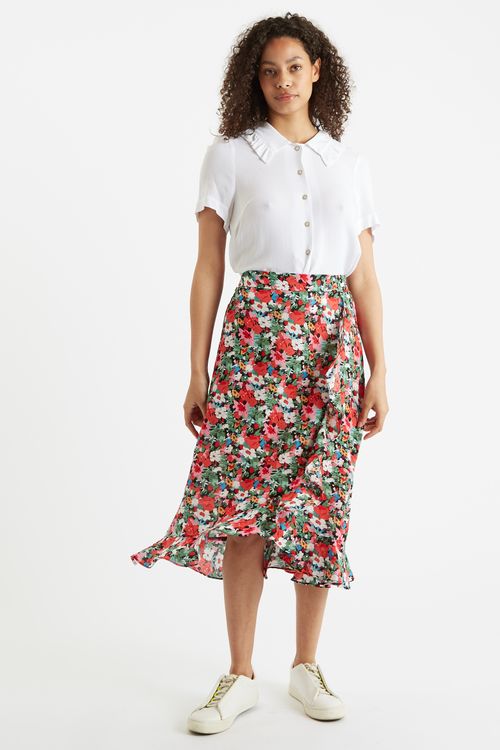 Louche Mara Flower Splash Print Ruffle Hem Wrap Midi Skirt