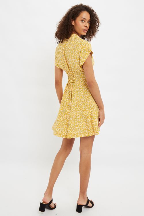 Louche Prudence Micro Blossom Print  Short Sleeve Laced Back Mini Dress In Yellow